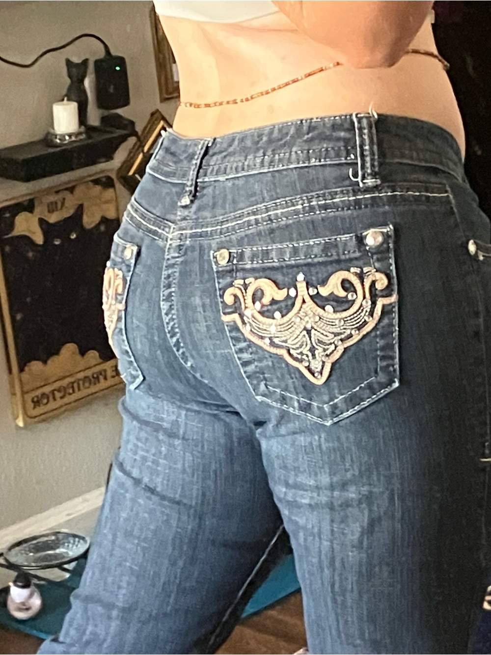 a.n.a Dark Blue low rise Skinny Jeans with Gold Embroidered Pockets